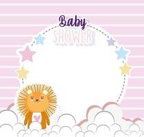 baby shower, lindo pequeño león dibujos animados estrellas marco banner vector