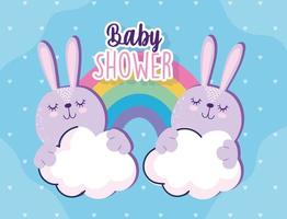 Baby shower cute bunnies rainbow and clouds celebration vector