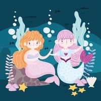 Mermaids cartoon underwater nature and marine wildlife cartoon vector
