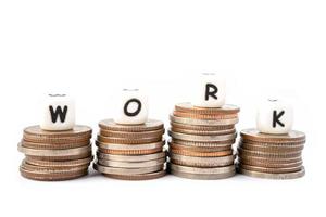 WORK alphabet on calculator with stack of coins, business, banking, account, investment and finance concept. photo