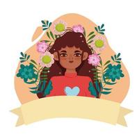 mujer afroamericana joven personaje flores vector