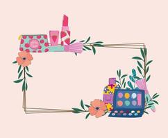 beauty makeup kit brush lipstick hand cream and flowers frame vector