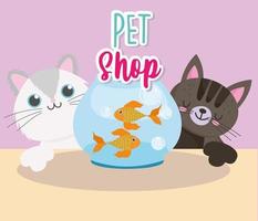 Tienda de mascotas gatos con pescado en dibujos animados de recipiente de vidrio vector