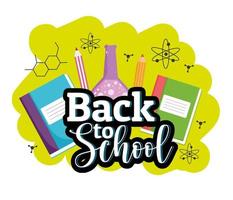 Back to School chemistry flask books and pencil cartoon vector