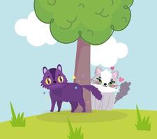 cute cats playing tree grass cartoon scene vector