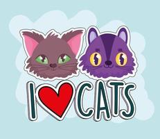 Amo a los gatos, animales graciosos caras de dibujos animados vector