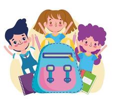 School cute students girls and boy with backpack and books vector