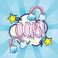 pop art oops word rainbows stars and cloud blue halftone background vector