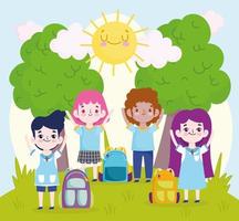 dibujos animados de la escuela pequeños alumnos con mochilas en el parque