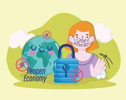 Reopening econmy woman with mask world padlock vector