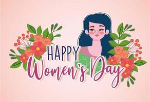 Womens Day lettering beauty girl with flowers card vector