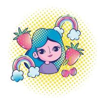 pop art cute girl blue hair rainbow strawberries and cherry cartoon vector