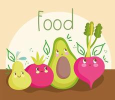 Food cartoon cute avocado beet tomato and pear vector