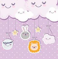 Baby shower clouds lion rabbit greeting card vector
