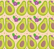 patrón de alimentos divertidos dibujos animados felices aguacates lindos con flores vector