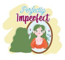 Perfectly imperfect woman with green hair looks in the mirror vector