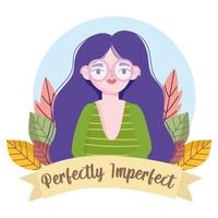 Perfectly imperfect woman with glasses cartoon portrait, flower decoration vector