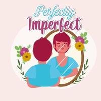 Perfectly imperfect woman with short hair stylish looks in the mirror vector