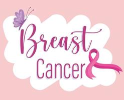 Breast cancer lettering ribbon and butterfly on cloud vector