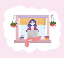 Mujer trabajando con libros portátiles sentado en la ventana de la oficina en casa oficina en casa vector