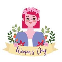 Womens Day beauty girl with pink flowers on her head in cartoon vector