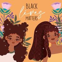 black lives matter, young afro american women characters floral card vector