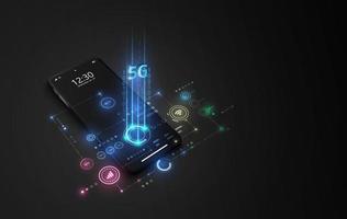 5G High speed internet network communication, mobile smartphone with 5G icons flow on virtual screen, worldwide connection. vector