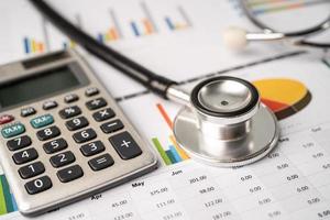 Stethoscope with calculator on chart graph paper, finance, account, statistic, analytic economy Business concept. photo