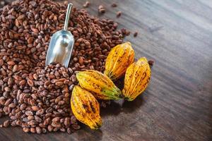 Cocoa pods and cocoa beans On a wooden background