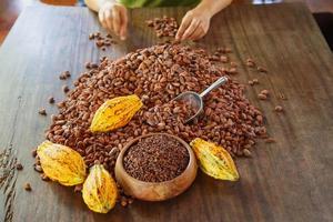 cocoa nibs and cocoa fruit on wooden table photo