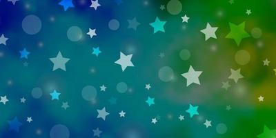plantilla de vector azul claro, verde con círculos, estrellas. Ilustración abstracta con manchas de colores, estrellas. plantilla para tarjetas de visita, sitios web.