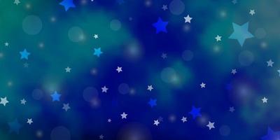 textura de vector azul claro, verde con círculos, estrellas. Ilustración con un conjunto de esferas abstractas de colores, estrellas. patrón para tela de moda, fondos de pantalla.