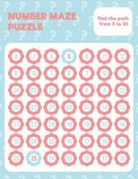 Math number maze puzzle. Prinatble math worksheet page. vector