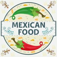 Etiqueta de banner redonda ilustración en un diseño plano sobre el tema del nombre de inscripción de comida mexicana rojo y verde pimiento picante en un círculo vector