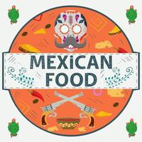 etiqueta de banner redonda ilustración en un diseño plano sobre el tema de la inscripción de comida mexicana nombre calavera pistolas con salsa picante queso ají en un círculo vector