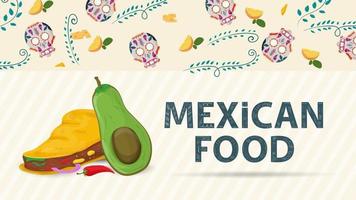 Ilustración de banner para un diseño de estilo plano sobre el tema del nombre de la inscripción de comida mexicana y una tortilla de taco grande con relleno de pimiento rojo y mango en rodajas vector