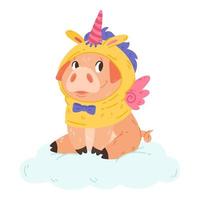 Cute pig in unicorn costume with horn and wings sitting on the cloud. Vector colorful design character illustration for print greeting postal cards and nursery.