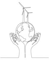 continuous line drawing of hand with globe energy saving concept vector illustration