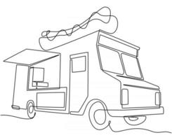 One continuous line drawing of vintage food truck for festival logo emblem vector illustration