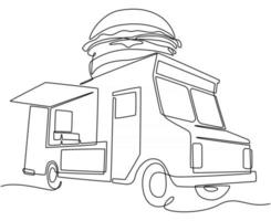 One continuous line drawing of vintage food truck for festival logo emblem vector illustration