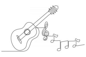 continuous line drawing of a guitar musical instrument with instrument notes vector illustration