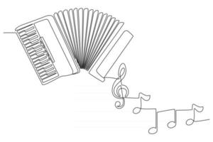 Continuous line drawing of an accordion musical instrument with instrument notes vector illustration