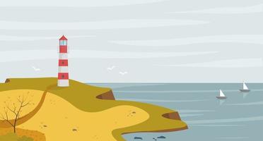 Lighthouse on seashore with sea view landscape in the autumn. Concept vector illustration in flat style.