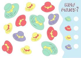 Counting game for preschool kids. Educational math game. Count how many hats there are and write down the result. Vector illustration in cartoon style