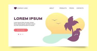 Landing page template for website with silhouette of palm tree, birds and sea. Design on the theme of travel and summer vacations. Minimalistic style vector