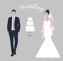 Cute young married couple. Fashion beautiful bride and handsome groom in stylish suit. Modern detailed graphic wedding set. Flat style vector illustration.