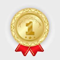 Gold medal vector. Golden 1st place badge. Sport game award with red ribbon. vector