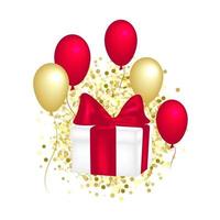 Gift box with a red bow, balloons and golden glitter. vector