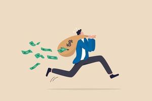 Lose money while trying to get out of stock market in crisis or recession, investment risk or fraud, mutual fund expense and cost concept, businessman running with money bag, banknotes fall from hole. vector