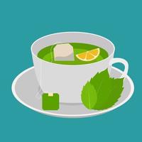 Cup with green mint tea and lemon in flat design. Vector Illustration